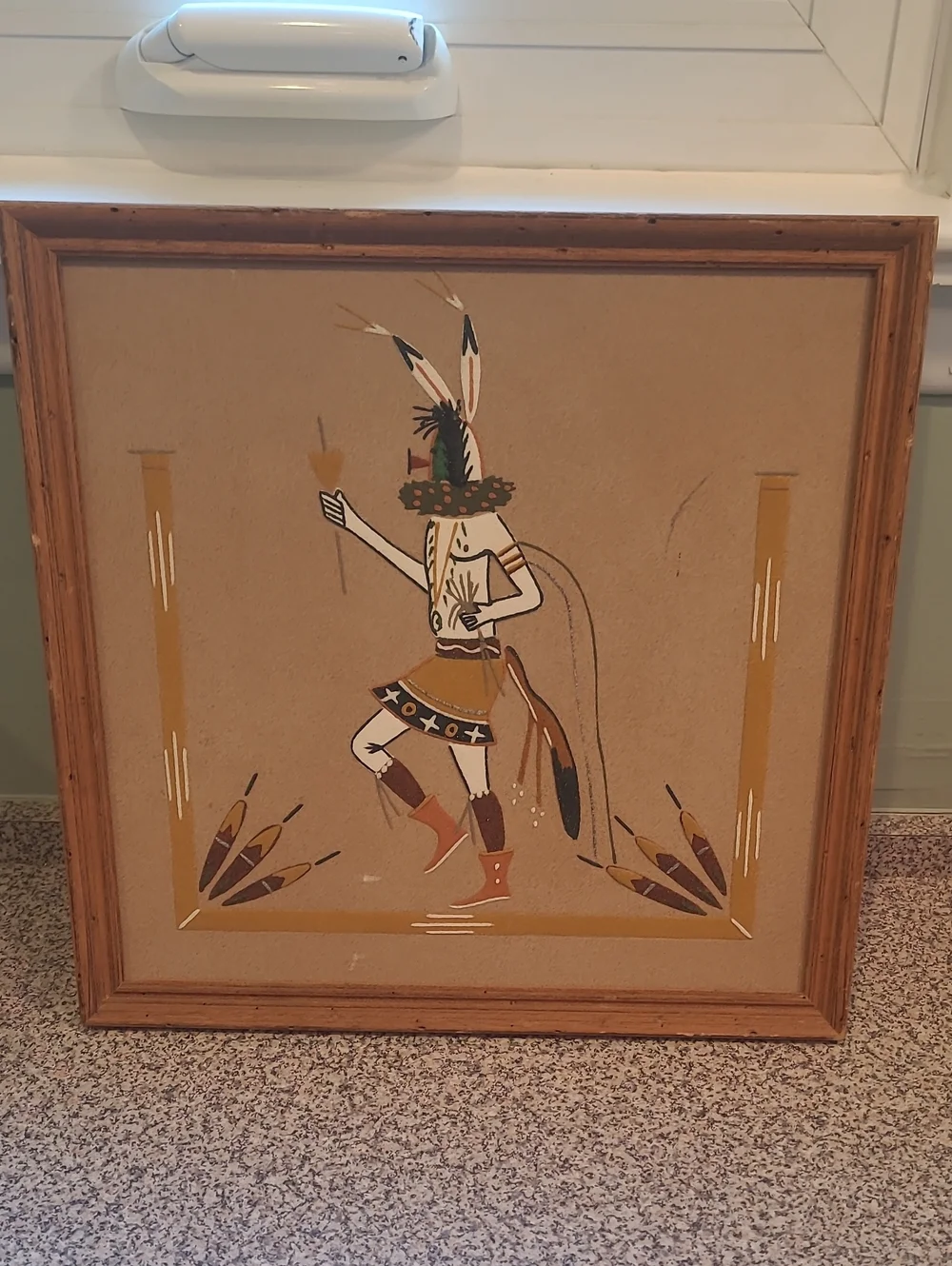 Vintage Framed Southwestern Sand Art Painting – Kokopelli Style Native American